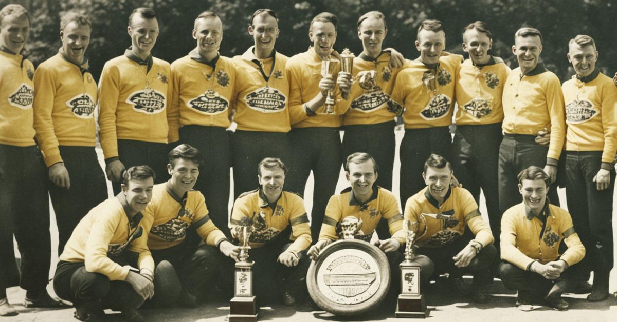 Drużyna Kolejarza Rawicz świętuje brązowy medal DMP w 1954 roku – historyczne zdjęcie.