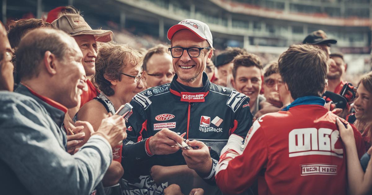 Andrzej Lebiediew rozdaje autografy fanom po zawodach żużlowych.