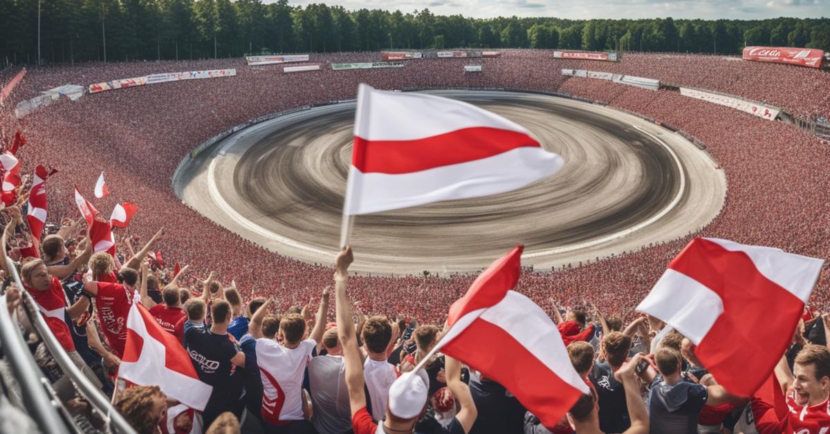 Tłum kibiców na stadionie żużlowym w Polsce, dopingujący podczas zawodów.