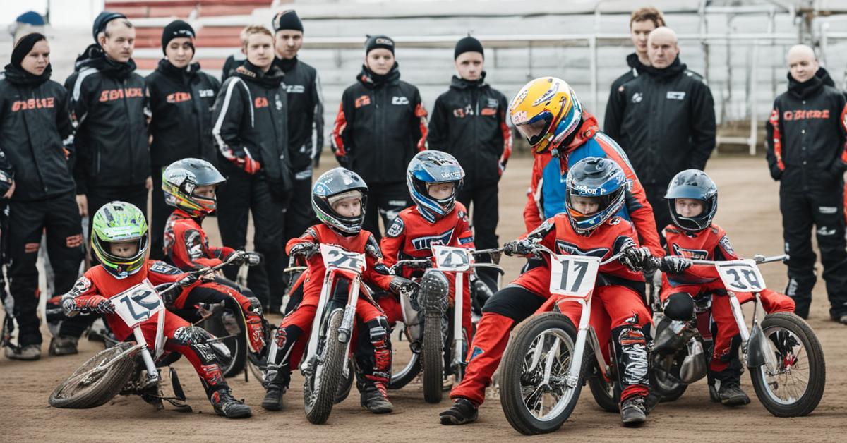 Alt: Młodzi adepci szkółki żużlowej Unii Tarnów podczas treningu pod okiem trenera.